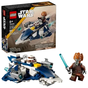 LEGO Star Wars Plo Koon’s Jedi Starfighter Microfighter (75400) includes a blue and white starfighter, a Plo Koon minifigure with blue lightsaber, and box art showing the ship and figure. Recommended for ages 6+.