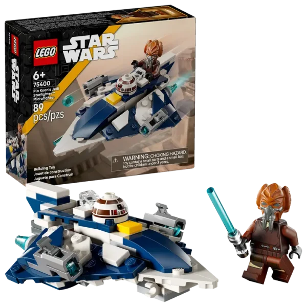 LEGO Star Wars Plo Koon’s Jedi Starfighter Microfighter (75400) includes a blue and white starfighter, a Plo Koon minifigure with blue lightsaber, and box art showing the ship and figure. Recommended for ages 6+.