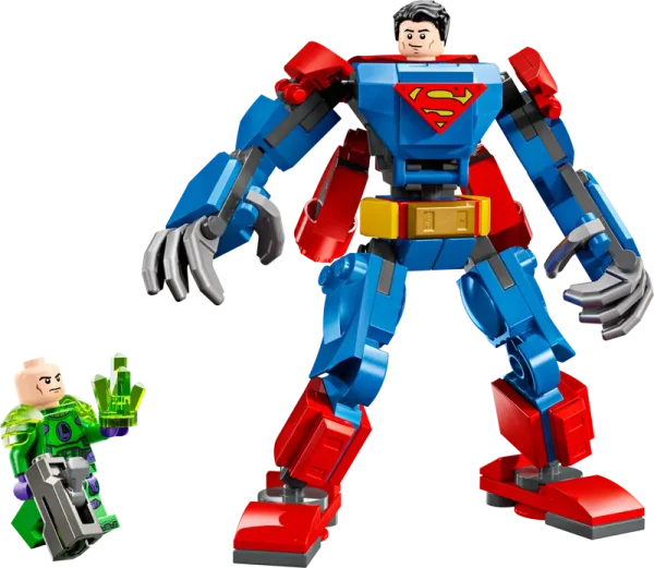 LEGO DC Superman and Lex Luthor mechs facing off on white background