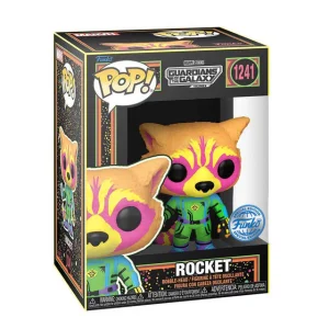 The Funko Pop! Marvel Guardians of the Galaxy Vol. 3 – Rocket (Blacklight) [Exclusive] #1241 vinyl figure features Rocket in a green suit with vibrant pink and yellow face markings, displayed in its box.